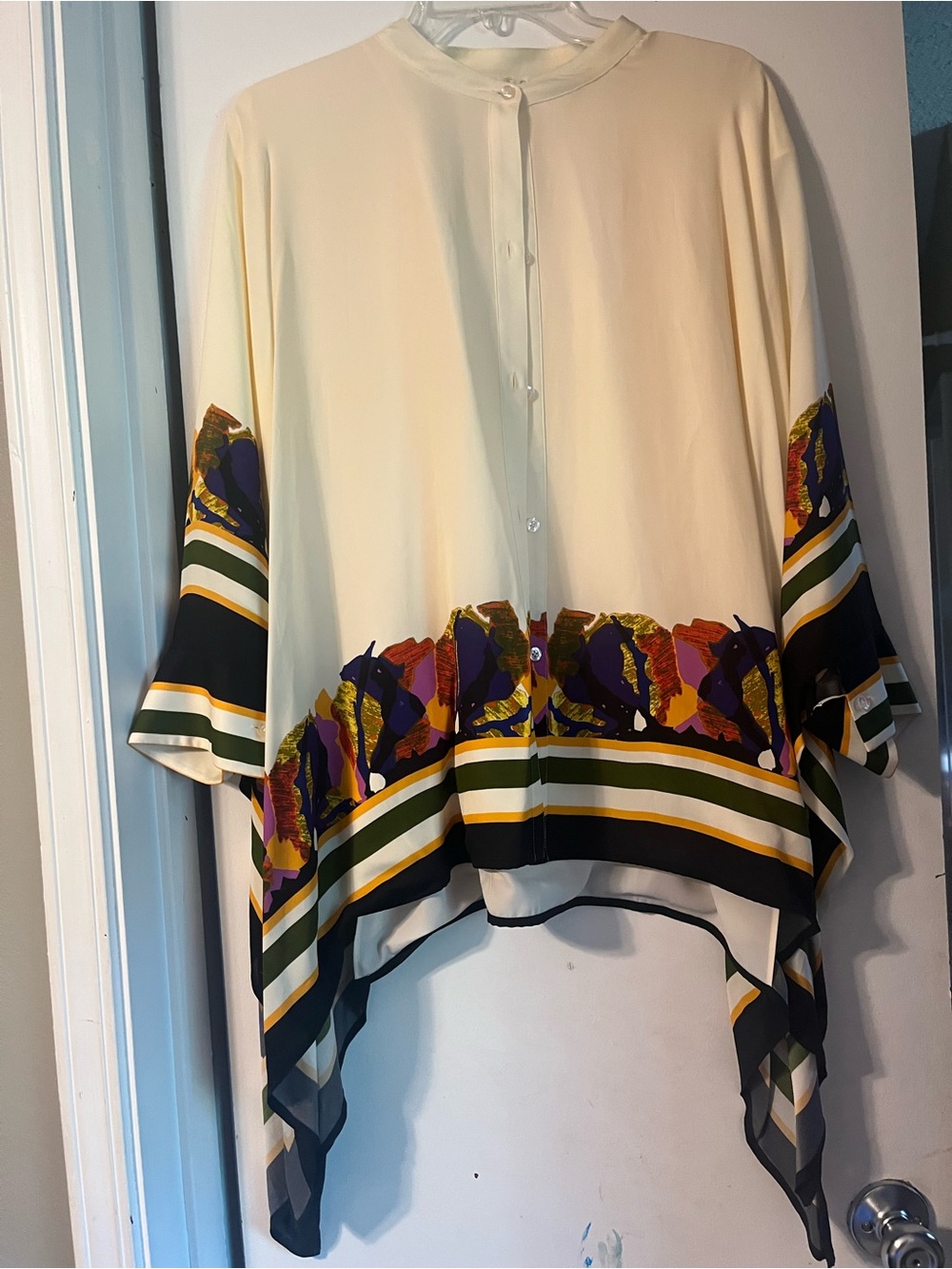 Marie Oliver Cream Button-Front Blouse with Purple & Orange Floral Border